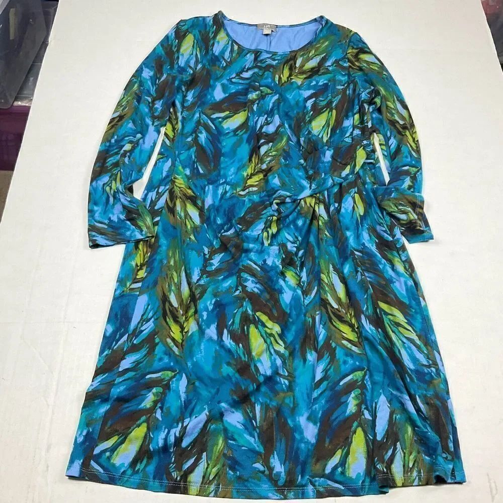 J.Jill Wearever Dress Leaf Print Stretchy Long Sleeve Dressy Office Pullover PM